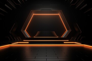 Abstract round podium illuminated with orange neon lights, Futuristic Sci Fi Spaceship Interior Background