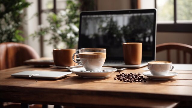 Wooden table with laptop and cup of coffee, plant blurred background 3. Generative ai.