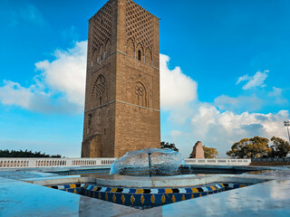 Scenic view of Hassan Tower or Tour Hassan , the minaret of an incomplete mosque in Rabat, Morocco. - obrazy, fototapety, plakaty