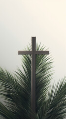 Christian cross and green palm leaf. Gray background. Holy week. Palm Sunday.