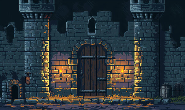 pixel art of old castle dungeon background battle scene in RPG old school retro 16 bits, 32 bits game style