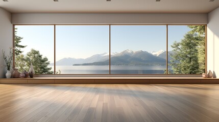 Light living room with hardwood floor, front view, empty open space room in hotel, panoramic window on countryside. - obrazy, fototapety, plakaty