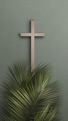 Christian cross and green palm leaf. Gray background. Holy week. Palm Sunday.