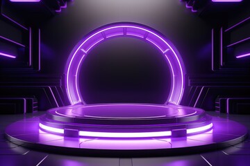 Abstract round podium illuminated with purple neon lights