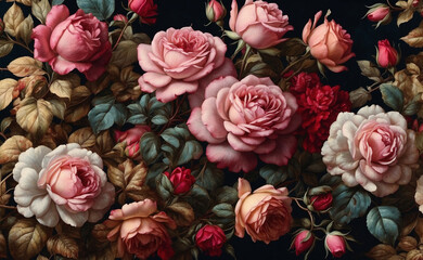 beautiful vintage wallpaper with different colored roses