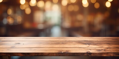 Blurred coffee shop backdrop with an empty wooden table. - Powered by Adobe