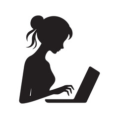 Technological Efficiency Unveiled: Person Using Laptop Silhouette in a Symphonic Array of Work Activities - Person Using Laptop Illustration - Person Using Laptop Vector - Person Silhouette
