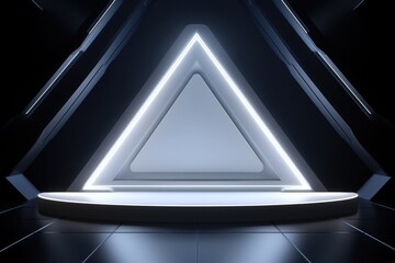 Abstract round podium illuminated with white neon lights