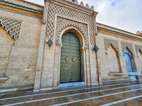 Traditional Moroccan artisanal door with moroccan mosaic tiles and architecture at the Mohammed V mausoleum in Rabat Morocco