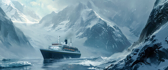 Cruise Ship in the Arctic Ocean with Icebergs and Mountains Seascape with Ice Glaciers Wallpaper Background Poster Illustration Digital Art Cover Card