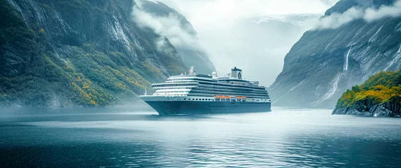Keuken spatwand met foto Cruise Ship in the Arctic Ocean with Icebergs and Mountains Seascape with Ice Glaciers Wallpaper Background Poster Illustration Digital Art Cover Card © Korea Saii