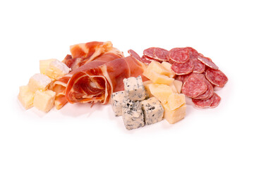 Cheese, olives, salami, jamon isolated on a white backgrund.