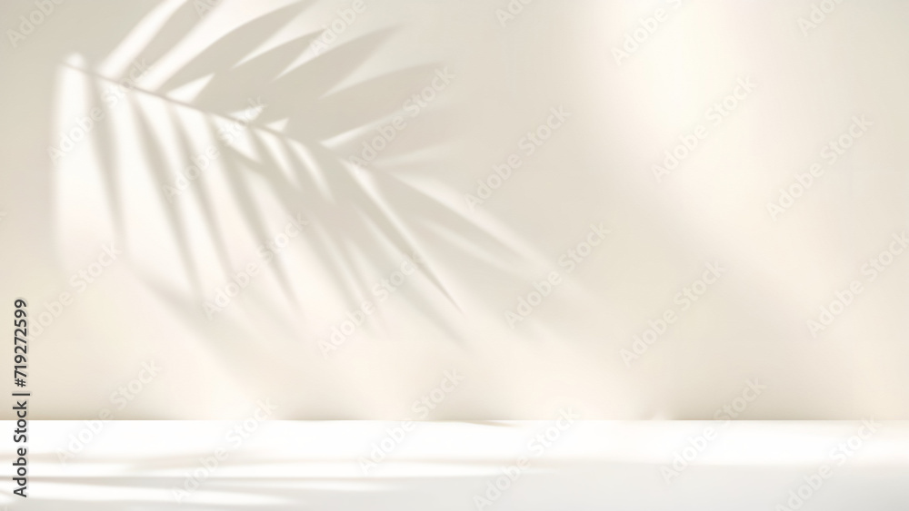 Aufkleber blurred shadow from palm leaves on light cream wall. minimalistic beautiful summer spring background
