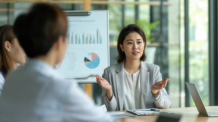 Big data analysis and fintech e-commerce concept with successful asian or japanese woman as executive director presenting growth statistics to diverse conference meeting members in office with graphs