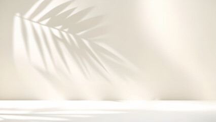 Blurred shadow from palm leaves on light cream wall. Minimalistic beautiful summer spring background for product presentation. - 719272599