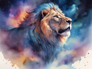 Fantasy illustration, very detailed watercolor, lion, highly detailed, high quality cosmic colors with surreal precision, zoom, full body, echoing the atmospheric atmosphere 