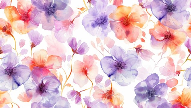 watercolor floral pattern with many purple and pink flowers on the white background Generative AI