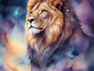 Naklejka premium Fantasy illustration, very detailed watercolor, lion, highly detailed, high quality cosmic colors with surreal precision, zoom, full body, echoing the atmospheric atmosphere 