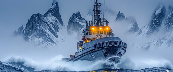 Obraz premium Cruise Ship in the Arctic Ocean with Icebergs and Mountains Seascape with Ice Glaciers Wallpaper Background Poster Illustration Digital Art Cover Card