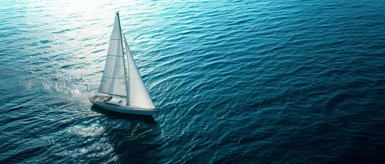 Zelfklevend Fotobehang A solitary sailboat glides on the shimmering sea, its sails full with the whisper of the wind, a serene maritime escape © Ai Studio