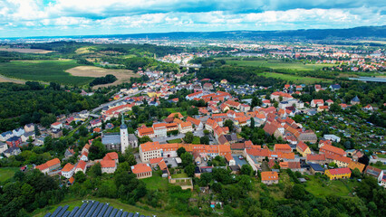 Aerial view around the old town Dohna in Germany on a cloudy day in summe