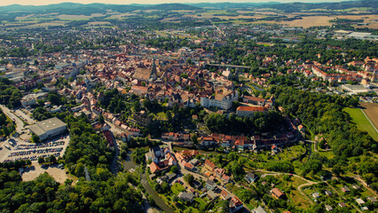 Aerial view around the old town Bautzen in Germany on a cloudy day in summer