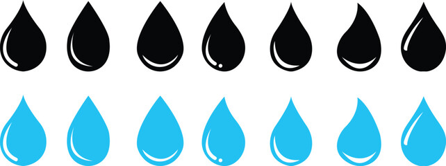 Water drops icons blue and black set. Water drop shape. Flat droplet shapes, Flat droplet logo , Drop Object, Drop Picture, Drop Image - stock vector, Plumbing logo. Isolated on transparent background
