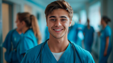 Fototapeta premium Jóvenes enfermeras o médicos sonriendo en el pasillo del hospital 