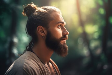 Epic charismatic bearded European guy in sunny forest. Hipster handsome man nature portrait. Generate ai