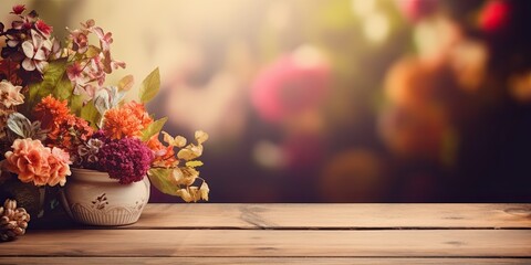 Antique filter on wooden table and blurred floral backdrop.