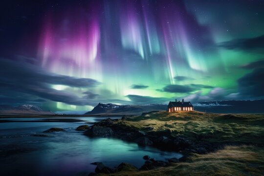 Aurora Cascade, Northern Lights Illuminate Icelandic Home