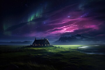 Illuminated Haven, Northern Lights Dance Over Icelandic Home