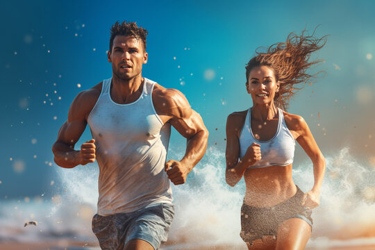 Sport, lifestyle and leisure concept. Happy young couple jogging in beach during sunny summer day
