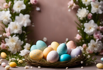 Fototapeta premium Colorful Easter eggs in a nest with spring flowers on a pastel background.