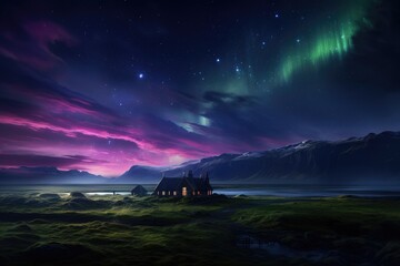 Fototapeta na wymiar Aurora Borealis Adorns Home's Skyline