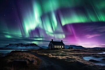 Aurora Cascade, Northern Lights Illuminate Icelandic Home - obrazy, fototapety, plakaty