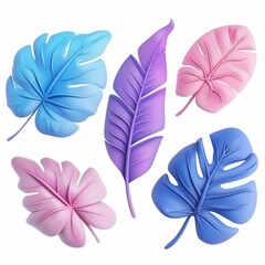 Set of playful tropical leaves in pastel blue, pink, and purple hues with a charming plasticine texture.