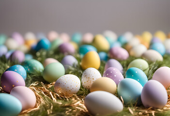 Fototapeta na wymiar Colorful Easter eggs on a bed of straw with a soft-focus background.
