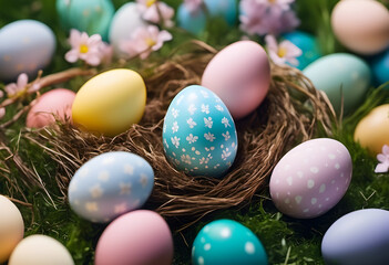 Fototapeta na wymiar Colorful Easter eggs in a nest with floral patterns on a bed of grass, symbolizing spring and Easter celebrations.