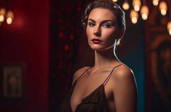 Female model elegant dressed on evening soiree. Sophisticated feminine lady charming event look. Generate ai