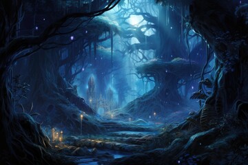 Fantasy dark forest with a river flowing in it, fantasy design illustration