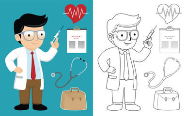 Doctor cartoon holding syringe with medical elements, vector illustration, coloring book or page