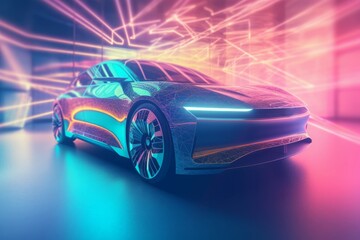 Obraz na płótnie Canvas Futuristic electric car holographic. Automotive innovation artificial intelligence simulation. Generate ai