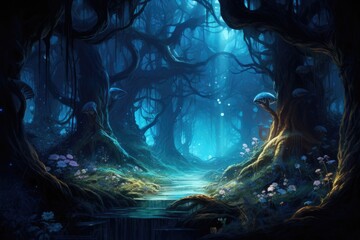 Fantasy dark forest with a river flowing in it, fantasy design illustration - obrazy, fototapety, plakaty