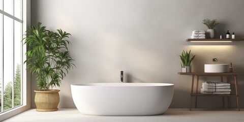 Fototapeta premium a contemporary bathroom featuring a large bathtub.
