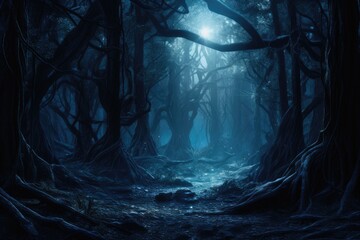 Fantasy dark forest with a river flowing in it, fantasy design illustration - obrazy, fototapety, plakaty