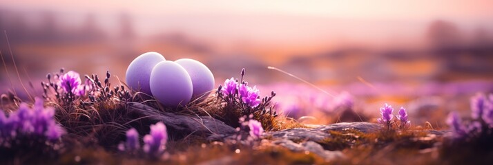 Springtime easter scene. pastel colored eggs among delicate spring flowers with text space