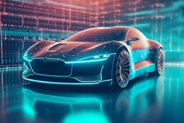 Futuristic electric vehicle holographic visualization. Virtual reality innovative car prototype. Generate ai