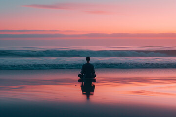 Obraz na płótnie Canvas silhouette of a person on a sunset meditating