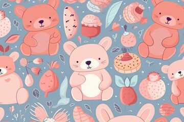 Festive pattern of rabbit, teddy bear, and sweets. Ideal for fabric, packaging, textiles, wallpaper, children's clothing. Generative AI